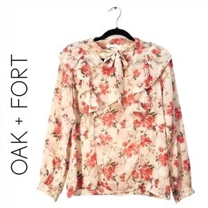 OAK + FORT Floral Sheer Ruffle Balloon Long Sleeve Pink Cream Blouse Bow Tie SM